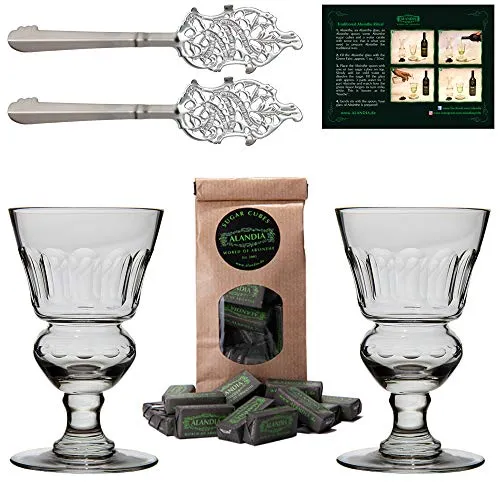 ALANDIA Absinth Zubehör Set Pontarlier Premium | 2x handgemachte Gläser mit Reservoir | 2x Löffel aus Edelstahl | 1x Zucker