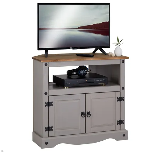 TV Rack Mexico Schrank im mexikanischen Stil aus massivem Kiefer - Stilvolles TV Rack mit 2 Türen und 1 Regalfach. Ideal für Ihr Wohnzimmer, bietet viel Platz und eine elegante, graue/natur Farbgebung.