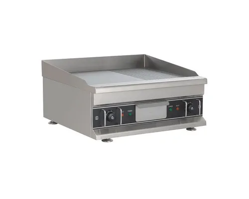 GastroHero Elektro-Grillplatte Eco 596x398 - Tischgerät für Gastronomiebedarf mit ½ glatter und ½ gerillter Grillfläche, langlebig dank Edelstahl-AISI 201, ideal für hygienisches Arbeiten durch Fettfangrinne und dreiseitigen Spritzschutz.