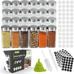 Voissen Gewürzbehälter aus Glas – 24er Set mit 100ml und Edelstahl-Schraubdeckel - Praktisches 24er Set Gewürzgläser mit 100ml Volumen. Ideal zur übersichtlichen Aufbewahrung von Gewürzen. Mit luftdichtem Verschluss und verschiedenen Streuaufsätzen für einfache Dosierung.