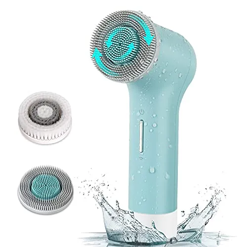 MYCARBON Elektrische Gesichtsreinigungsbürste IPX7 Wasserdicht Gesichtsbürste Wiederaufladbar 2500mAh USB-Akku Reinigungsbürste mit 2×360° Bürstenkopf für Hauttyps Exfoliation, Tiefenreinigung Blau