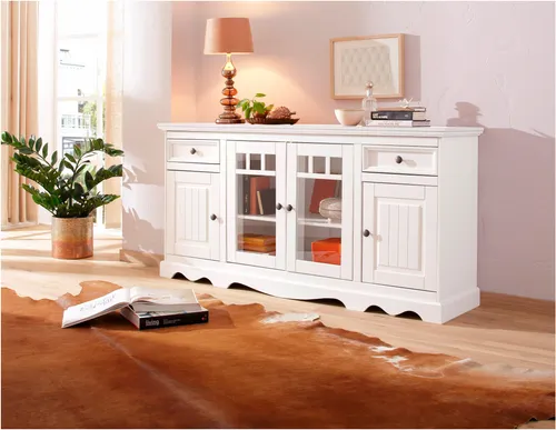 Sideboard HOME AFFAIRE "Melissa", Weiß 169cm - Kommode im Landhausstil aus FSC-zertifiziertem Massivholz, bietet viel Stauraum mit 2 Glastüren und 2 Schubladen, ideal für ein stilvolles Zuhause.