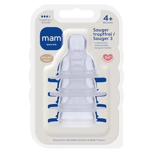 MAM Sauger Größe 3 + tropffrei im 4er Set, Flaschensauger (Durchflussrate schnell & tropffrei), weicher Trinksauger passend für alle MAM Flaschen & Trainer, ab 4+ Monate