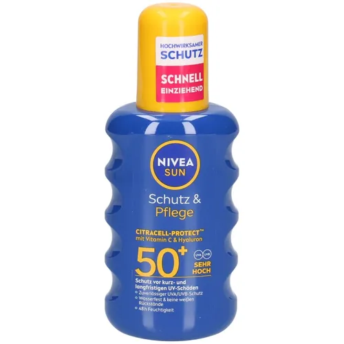 NIVEA SUN Schutz & Pflege Sonnenspray LSF 50+, wasserfestes Sonnencreme Spray - Sonnenschutzmittel mit LSF 50+, spendet 48h Feuchtigkeit, schnell einziehend und umweltfreundlich ohne Mikroplastik.