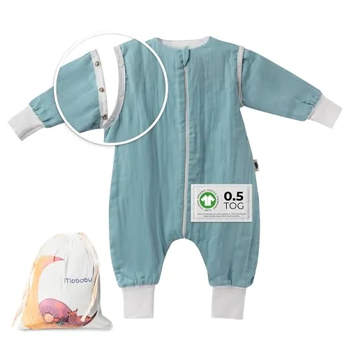 Mababu Ganzjahres Baby Schlafsack mit Füßen - 0.5 TOG aus 100% Bio Baumwolle - Babyschlafsäcke mit Füßen und abnehmbaren Ärmeln für optimale Bewegungsfreiheit. Ideal für warme Nächte und aus nachhaltiger Bio-Baumwolle gefertigt.