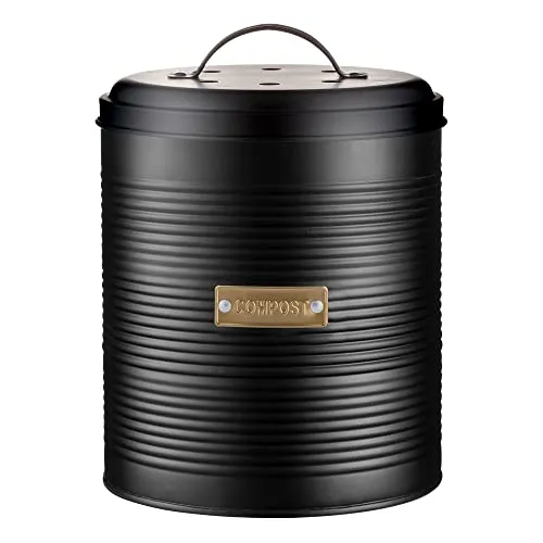 Typhoon Komposteimer OTTO | luftdichter Biomülleimer Küche 2,5 L | Beschichteter Stahl schwarz mit Deckel | austauschbarer Aktivkohlefilter | 17,5 cm | für kompostierbare Küchenabfälle