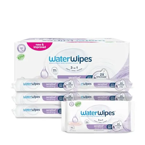 WaterWipes Sensitive+ Soothing Clean Wipes, Beruhigende Tücher, 360 Stück (6 Packungen), 3-in-1-Reinigung, Pflege, Beruhigung, 99% Wasser mit Pflanzenextrakt, parfümfreie Babyfeuchttücher
