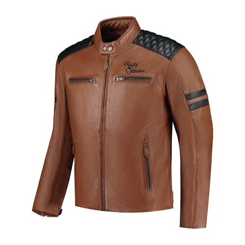 Rusty Stitches Jari V2 Motorrad Lederjacke (Cognac/Schwarz) Gr: S - Motorradjacke in Größe S, hochwertiges Rindsleder mit Thermofutter, ideal für alle Jahreszeiten und CE-geschützte Protektoren für Sicherheit.