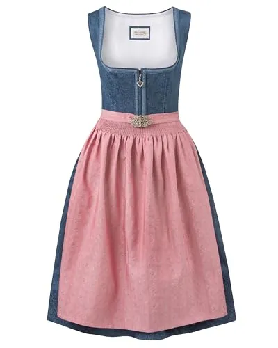 Stockerpoint Damen Roseline Midi Dirndl, blau Altrosa, 44 - Dirndl für Damen – Elegantes Design mit hochwertiger Handwerkskunst, ideal für festliche Anlässe und höchsten Tragekomfort durch den edel gefalteten Baumwollrock.
