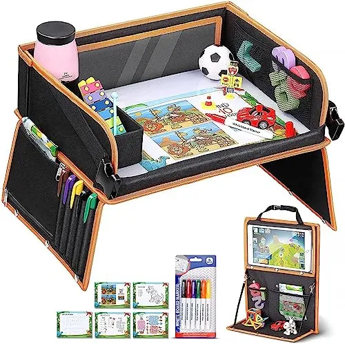 lenbest Doppelfunktion Kinder Reisetisch, Knietablett Reisetisch（Auto Rückenlehnenschutz） mit Transparenter Zeichnungsfilm, 5 Zeichnungsplatten und 6 Farbpens - Schwarzes/Orange