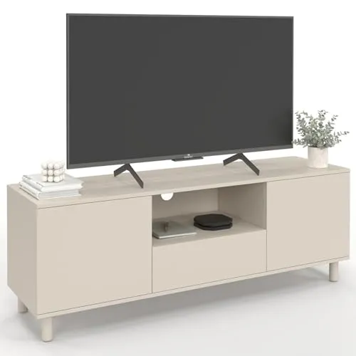 IDMarket - TV-Möbel BERTILLE 140 cm mit 3 Holztüren in Beige - Stylisches TV-Möbel mit 3 Holztüren, bietet praktischen Stauraum und passt perfekt in moderne Wohnzimmer.