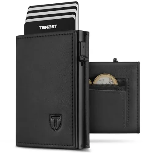 TENBST Geldbörse Herren mit RFID Schutz, Slim Wallet mit Münzfach, 10 Karten Portmonee Geldbeutel Herren, Magnetischer Wallets for Men, Kreditkartenetui Klein, Geschenke zum Vatertag - Schwarz