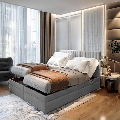 TRADA Adele Boxspringbett 180x200 Elektrisch verstellbar - Betten – Elektrisch verstellbares Boxspringbett mit 9-Zonen Taschenfederkern für optimalen Schlafkomfort und zwei praktischen Bettkästen für zusätzlichen Stauraum.