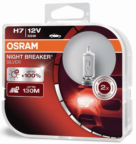 Osram Night Breaker Silver H7 - +100% mehr Helligkeit für Sicherheit - Halogen-Scheinwerferlampe in Duo Box, bis zu 100% mehr Helligkeit und 130 m Lichtkegel für optimale Sicht bei Nacht und schlechten Wetterbedingungen.