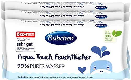 Bübchen Aqua Touch Feuchttücher, 144 Stück – sensitive Pflege für Babys - Feuchttücher für Babys, bestehen zu 99% aus purem Wasser und sind ideal für empfindliche Babyhaut. Dermatologisch getestet und biologisch abbaubar – perfekt für Alltag und Reisen.