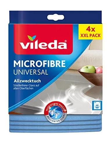 Vileda Allzwecktuch Universal XXL Pack - 4 waschbare Mikrofaser-Tücher - Reinigungstücher aus Mikrofaser, ideal für glatte und empfindliche Oberflächen. Hohe Wasser- und Schmutzaufnahme, waschbar bis 60 °C für nachhaltige Nutzung.