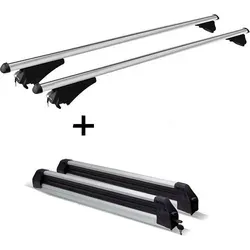 Relingträger Tiger XL + Skiträger / Snowboardträger / Skihalter Silve Ice ausziehbar) kompatibel mit für Mitsubishi Outlander PHEV ab 14