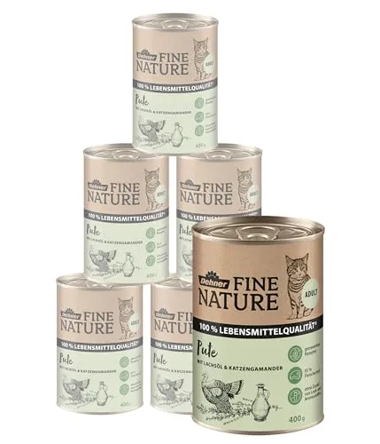 Dehner Fine Nature Katzenfutter Pute, 6 x 400 g - Getreidefreies Nassfutter für ausgewachsene Katzen, 100 % Lebensmittelqualität mit Lachsöl und Taurin, frei von Farb- und Konservierungsstoffen – das Beste aus der Natur!