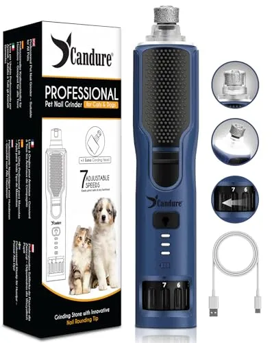 Candure Krallenschleifer für Hunde – Geräuscharmer, wiederaufladbarer Trimmer mit LED-Licht - Geräuscharmer Krallenschleifer für Hunde mit 360° LED-Lichtern zur sicheren Nagelpflege. Ideal für Haustiere jeder Größe dank vielseitiger Schleifaufsätze. Leicht und kompakt für die Pflege zu Hause oder unterwegs.