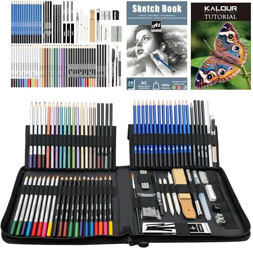 KALOUR 84-teiliges Zeichnungs- und Skizzierstifte-Set, hochwertiges Skizzierkunstzubehör für Künstler. Enthält farbige, graphit. Zeichenset für Erwachsene, Jugendliche und Anfänger.