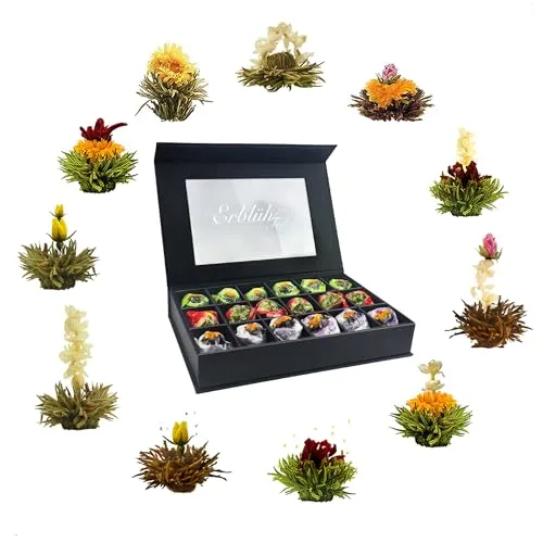 Creano 18er Teeblumen Geschenkset - Edles ErblühTee Set in Magnetbox - Tee & Genuss: 18 verschiedene Teerosen aus weißem, schwarzem und grünem Tee, mehrfach aufgießbar für bis zu 1,5l Tee. Ideal als Geschenk für Teeliebhaber, präsentiert in einer edlen Magnetbox.
