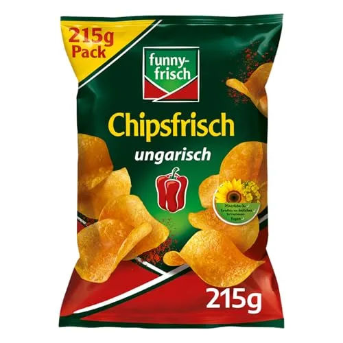 funny-frisch Chipsfrisch ungarisch, 215 g - Knusprige Kartoffelchips mit dem einzigartigen Geschmack ungarischer Paprika. Glutenfrei und ohne künstliche Zusätze – perfekt für gesellige Abende oder als Snack zwischendurch.