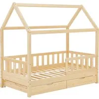 Juskys Kinderbett Marli 80x160 cm mit Dach und Rausfallschutz - Skandinavisches Kinderbett mit 2 Bettkästen und herausziehbarem Schubladensystem, ideal für Kinder von 3-10 Jahren. Robust aus Kiefernholz und pflegeleicht.