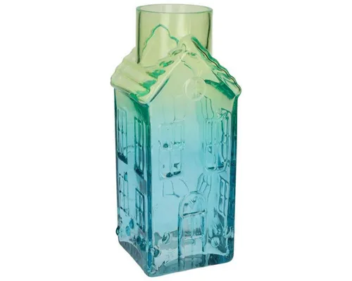 Gift Company Jacquard Vase Haus (H30cm) in Türkis - Kreative Blumenvase aus transparentem, türkisem Glas. Maße: 12,5 x 12,5 x 30 cm. Ideal für eine stilvolle Dekoration und das Präsentieren von Blumen.