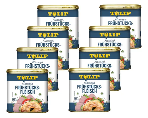 TULIP Frühstücksfleisch Original Dänische Delikatesse 8x340g - Genießen Sie die dänische Delikatesse in praktischen Konservendosen. Ideal für ein schnelles Frühstück oder als herzhafter Snack, perfekt portioniert für Ihre Küche.