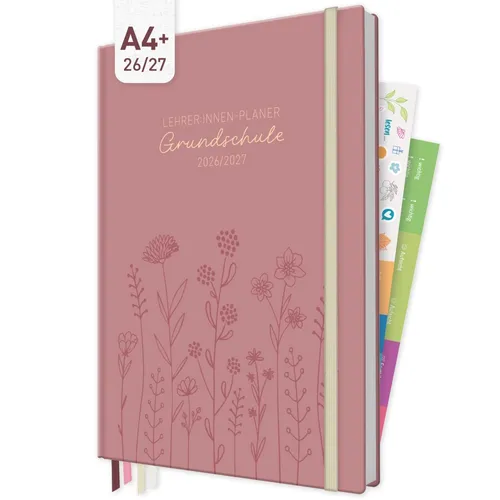Häfft Lehrer-Planer Grundschule Maxi 2026/2027 - A4+ - Fine Flowers rosé - Praktischer Taschenkalender für Lehrer, Format: DIN A4+, bietet eine übersichtliche Wochenansicht auf zwei Seiten für optimale Planung und Organisation im Schulalltag.