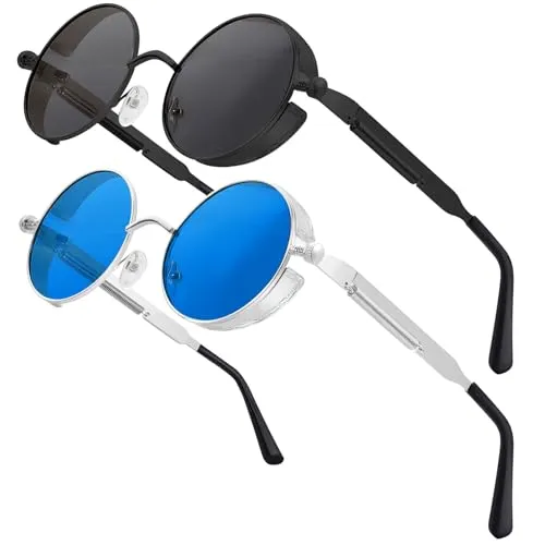 Chritice 2 Stück Steampunk Brille Retro Sonnenbrille Herren Rund Retro Sonnenbrille Rund Vintage Sonnenbrillen Herren Polarisiert UV400 Schutz Sunglasses Men Sonnenbrillen Damen Blaue Und Grau Gläser
