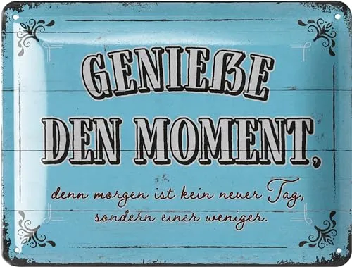 LANOLU Retro Blechschild GENIEßE DEN MOMENT, vintage Metallschilder mit Sprüchen, Shabby Chic Deko Küche und Garten, lustige Schilder aus Metall 15x20cm