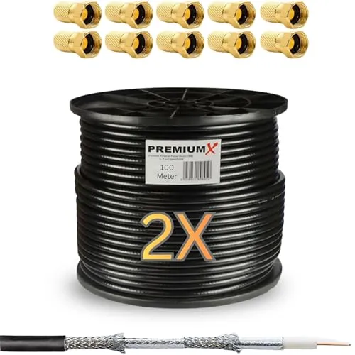 Premium X Koaxialkabel 200m - 4-Fach Abschirmung für besten Empfang - HiFi-Kabel: 200m schwarzes Koaxialkabel mit 4-fach Alu Abschirmung (135dB) für hervorragenden Empfang. Ideal für Sat-Anlagen, unterstützt 4K, 3D und HDTV. Inklusive 20 F-Steckern.