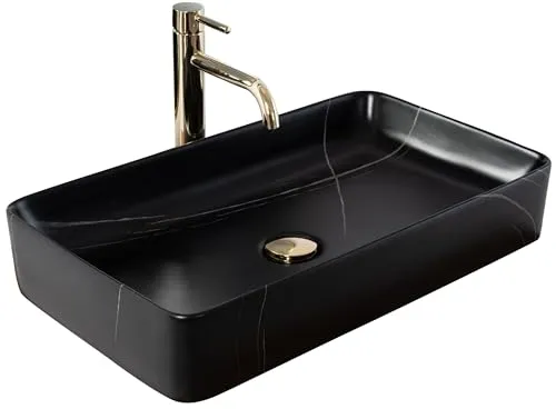 Rea Denis Black Stone Mat Aufsatzwaschbecken - Hochwertiges freistehendes Waschbecken aus Keramik, ideal für modernes Badezimmerdesign, mit eleganter Schwarz-Weiß-Optik und kompakten Maßen.