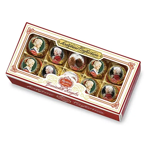 Reber Gemischte Kugeln Packung, 10er Packung, Gemischte Kugeln aus Zartbitter- Alpenmich- Schokolade und Trüffel-Füllung, Gefüllt mit Pistazien-Marzipan, Mandeln und Haselnuss-Nougat, 200g (10 Stück)