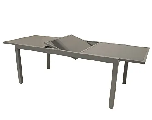 DEGAMO Ausziehtisch PISA 140/200x90cm - Gartentisch PISA mit modernem Design, aus pulverbeschichtetem Aluminium in silbergrau und eleganter grauer Glasplatte. Ideal für jedes Gartenambiente und bietet viel Platz für gesellige Runden.