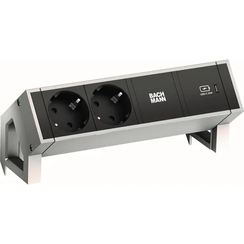 BACHMANN 902902 DESK2 - 2-fach Steckdosenleiste mit USB C Charger - Steckdosen & Zubehör: 2x Schutzkontaktsteckdosen und 1x USB C 30W Charger, ideal für effizientes Laden und Stromversorgung am Arbeitsplatz.