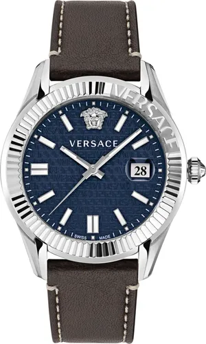 Versace VE3K00122 Greca Time Herrenarmbanduhr in Blau/Silber/Braun - Elegante Herrenarmbanduhr mit stilvollem Lederarmband und modischem Design. Ideal für den täglichen Gebrauch und besondere Anlässe.