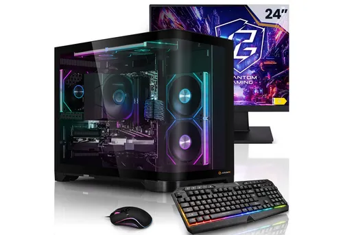 AURUMPC Aurum Komplett Set Einsteiger PC mit Ryzen 5 3400G und 24" Monitor - Starte durch mit dem Aurum Einsteiger Gaming PC! Die leistungsstarke Kombination aus Ryzen 5 3400G, 16 GB RAM und 1 TB SSD sorgt für flüssiges Gaming. Im Set enthalten sind ein 24" Monitor, RGB-Tastatur und Maus – alles für ein optimales Spielerlebnis!