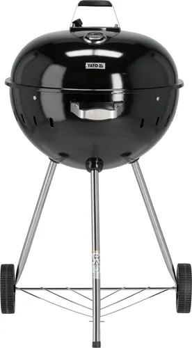 Runder Holzkohlegrill 54cm mit Thermometer, schwarz - Holzkohlegrill aus pulverbeschichtetem Stahl mit Temperaturkontrolle, ideal für Gartenpartys. Leicht zu bewegen dank Rollen und mit zusätzlicher Ablagefläche für Zubehör.