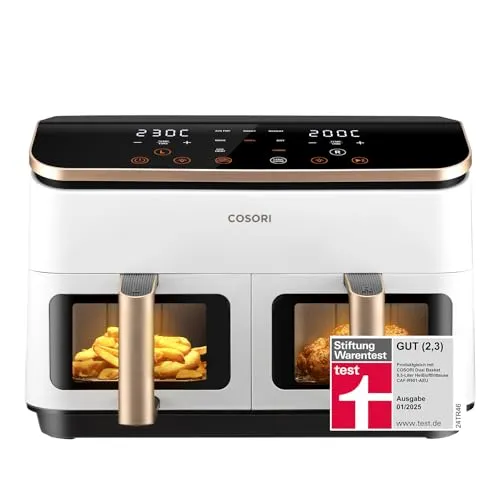 COSORI Heißluftfritteuse 2 Kammern, Testsieger, 8,5 L 6-in-1 Airfryer mit Sichtfenster - Testsieger der Stiftung Warentest: Diese Heißluftfritteuse bietet einen robusten Metall-Garraum und ein Sichtfenster, um den Garvorgang jederzeit zu überwachen – für knusprige Ergebnisse und einfache Reinigung.
