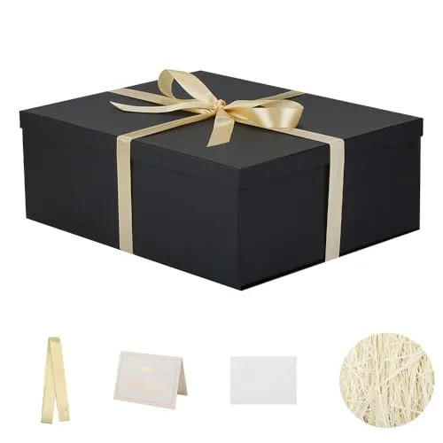 KdmNzoo Geschenkbox mit Deckel 42 x 32 x 15.5 cm xxl, Geschenkbox mit Schleifen, Grußkarten, Raffia Hamper Shreds für schwarz