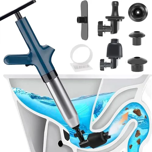 Rohrreiniger Druckluft,Toiletten Pömpel Abflussreiniger Pumpe mit Luftdruckanzeige,Pressluft Rohrreiniger mit 4 Adapter,Hochdruck Toilettenkolben für Waschbecken,Rohrverstopfung,Bodenablauf (Blau)