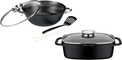 GSW Topf-Set Gourmet Granit, Gusseisen 4-tlg. - Induktion - Topfsets mit hochwertigem Aluminium-Guss und Gusseisen, ideal für fettfreies Kochen, inkl. Aroma-Glasdeckel und energiesparendem FerroTherm® Boden für optimale Wärmeverteilung.