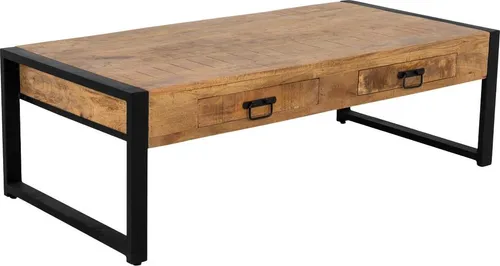 Couchtisch Britt aus Mangoholz und Stahl in Natur Schwarz 140 x 70 cm - Der Couchtisch Britt vereint warmes Mangoholz mit einem stabilen Stahlrahmen. Mit praktischen Schubladen für Ordnung und einem modernen Design ist er ideal für stilvolle Wohnräume.