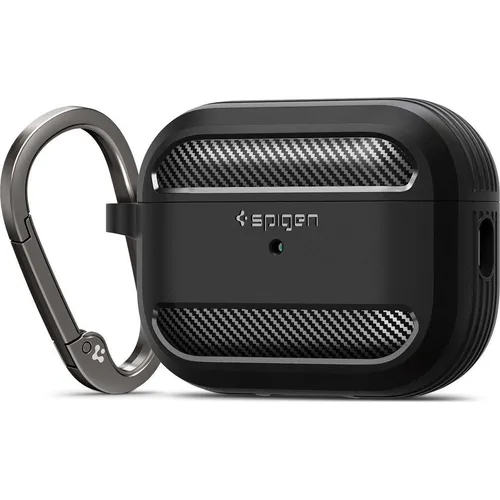 Spigen Rugged Armor für AirPods Pro 2 - Schwarz - Audio-Zubehör mit rutschfestem Grip, schlankem Design und inklusive Karabiner für einfache Tragbarkeit. Kabelloses Laden kompatibel.