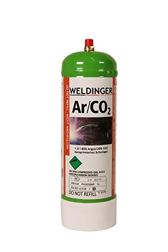 bar Einwegflasche 1 Liter Mischgas 80% Argon 20% CO2 - Schweiß-Zubehör: 1 Liter Einwegflasche mit 110 Liter Schweißgas, ideal für MAG-Schweißen von Stählen, inklusive 110 bar Druck für zuverlässige Leistung.