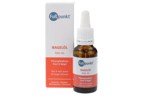 Fußpunkt Nagelpflegeöl Fußpunkt Nagelöl 20ml Spezialpflege für beanspruchte, brüchige Nägel, 1-tlg., Verbessert spür- & sichtbar das Erscheinungsbild, mit Bisabolol, Panthenol, Clotrimazol & Weizenkeimöl