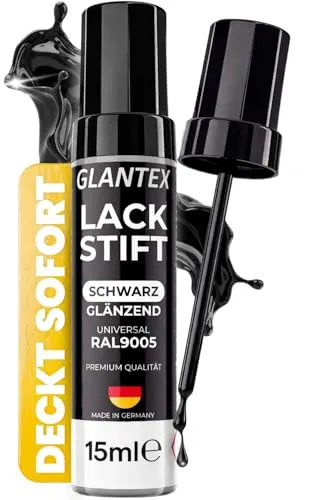 GLANTEX Lackstift Schwarz glänzend [12ml] – Hochdeckender Autolack für Kratzer und Steinschläge, ideal für Auto und Felgen Reparaturset, auch für Felgenlack schwarz glänzend