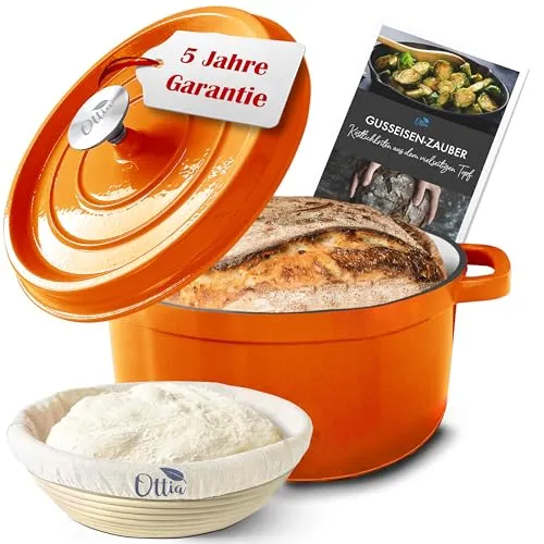 Ottia Gusseisen Topf Emaille 26cm – Vielseitiger Bräter - Pfannen mit 5 Litern Volumen, ideal für Induktion und alle Herdarten. Inklusive e-Rezeptbuch und Rattan-Gärkorb für perfektes Brotbacken!